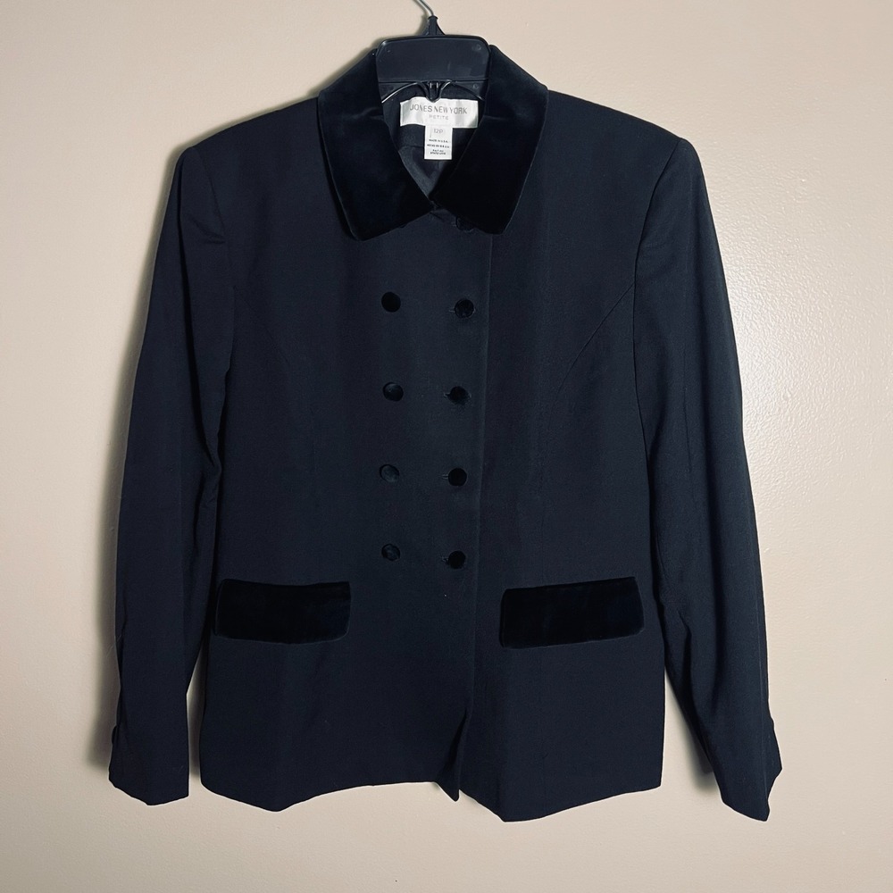 Jones New York Petite Dark Academia Black Wool Velvet Trim Blazer Jacket 12P